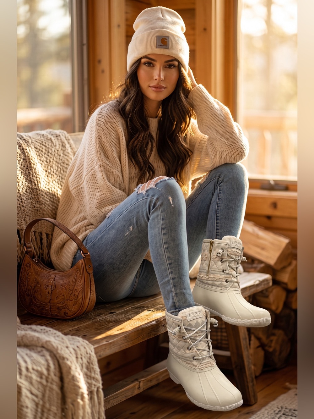 Sperry Women's Saltwater Textured Stripe Cream Quilted Duck Boots